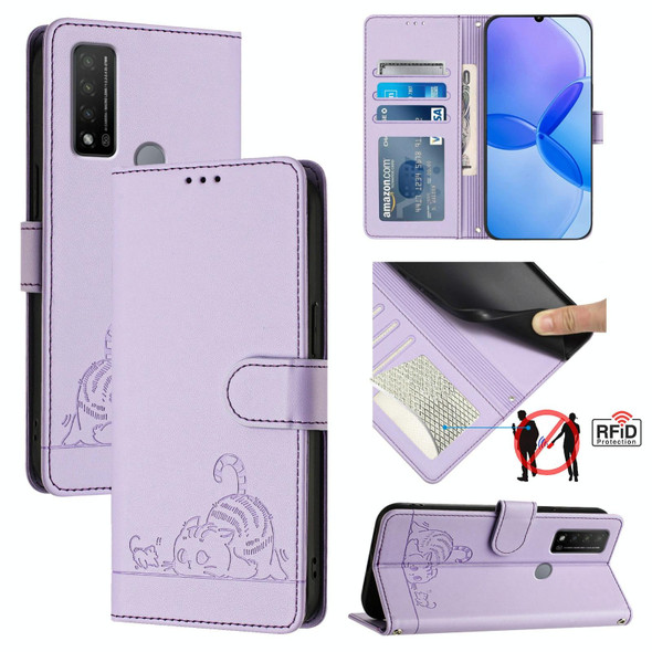 For TCL 20 R Cat Rat Embossed Pattern RFID Leather Phone Case with Lanyard(Purple)