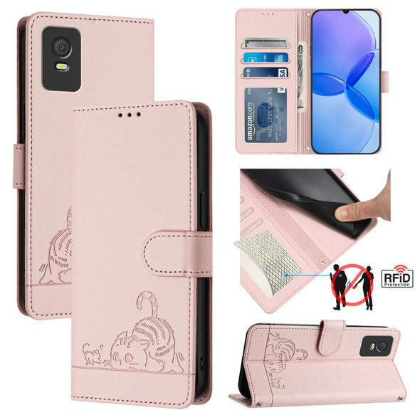 For TCL 403 Cat Rat Embossed Pattern RFID Leather Phone Case with Lanyard(Pink)