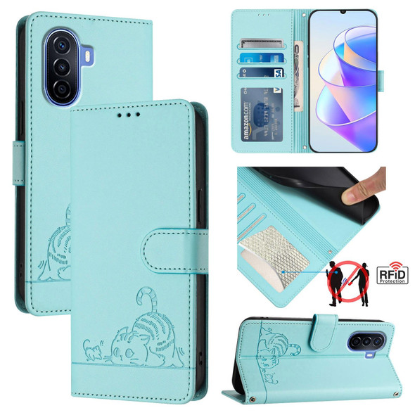 For Huawei nova Y70 Plus Cat Rat Embossed Pattern RFID Leather Phone Case with Lanyard(Mint Green)