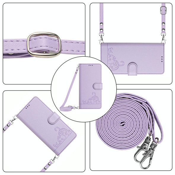 For Tecno Spark GO 2024 Cat Rat Embossed Pattern RFID Leather Phone Case with Lanyard(Purple)