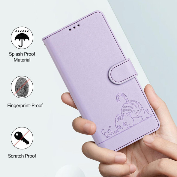 For Tecno Pova 6 Pro li9 Cat Rat Embossed Pattern RFID Leather Phone Case with Lanyard(Purple)