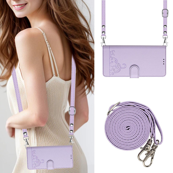 For Tecno Pova 6 Pro li9 Cat Rat Embossed Pattern RFID Leather Phone Case with Lanyard(Purple)