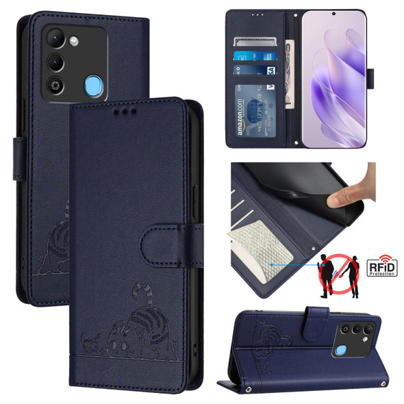 For Tecno Spark 9 Cat Rat Embossed Pattern RFID Leather Phone Case with Lanyard(Blue)