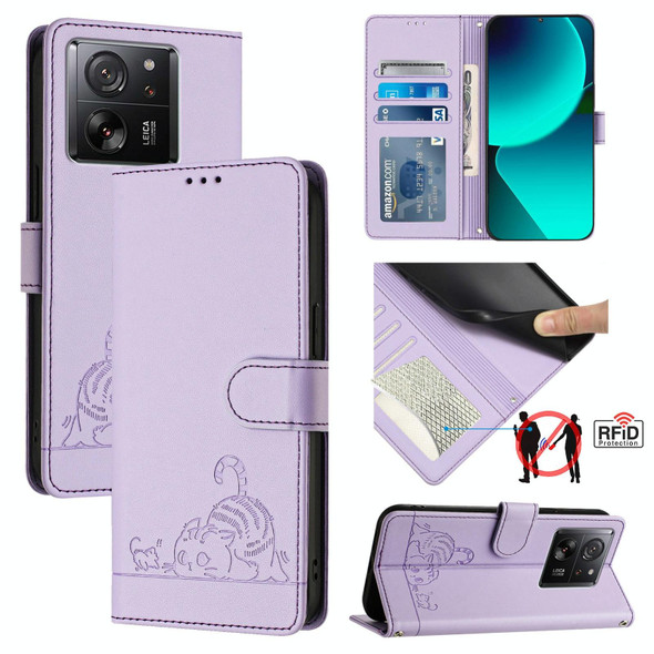 For Xiaomi 13T Pro 5G Global Cat Rat Embossed Pattern RFID Leather Phone Case with Lanyard(Purple)
