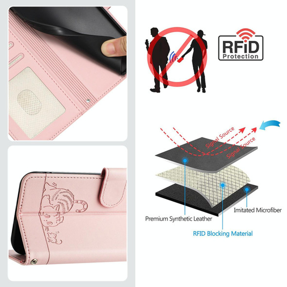 For Xiaomi Redmi Note 12T Pro Cat Rat Embossed Pattern RFID Leather Phone Case with Lanyard(Pink)