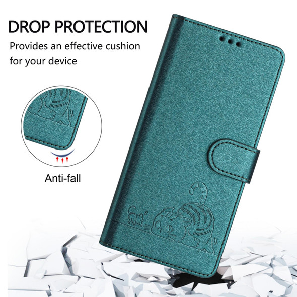 For Xiaomi POCO M6 5G Global Cat Rat Embossed Pattern RFID Leather Phone Case with Lanyard(Peacock Green)