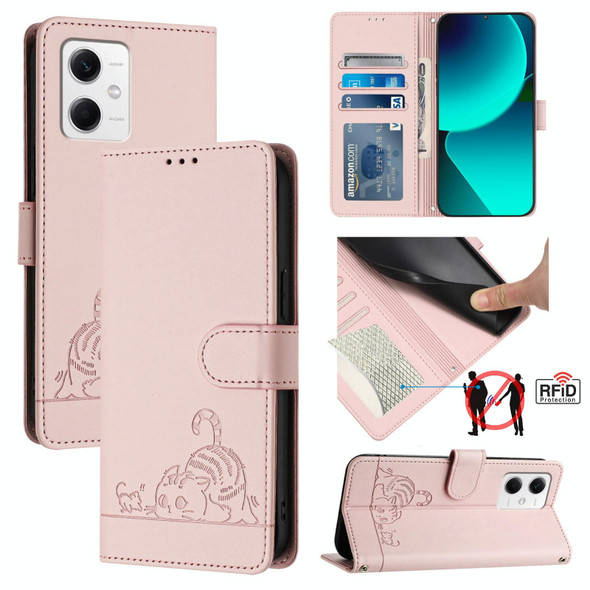 For Xiaomi Redmi Note 12 5G Global Cat Rat Embossed Pattern RFID Leather Phone Case with Lanyard(Pink)