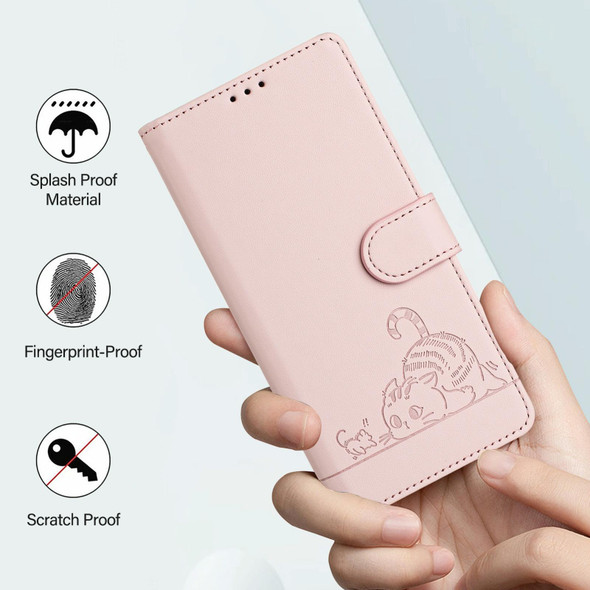 For Xiaomi POCO C65 Global Cat Rat Embossed Pattern RFID Leather Phone Case with Lanyard(Pink)