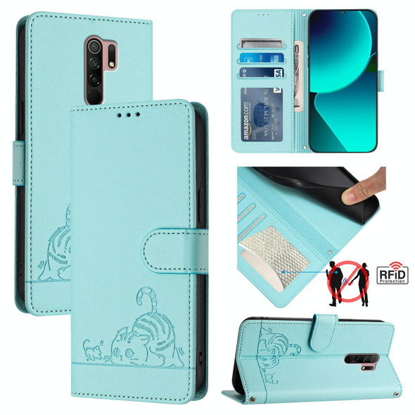 For Xiaomi Redmi 9 Prime India Cat Rat Embossed Pattern RFID Leather Phone Case with Lanyard(Mint Green)