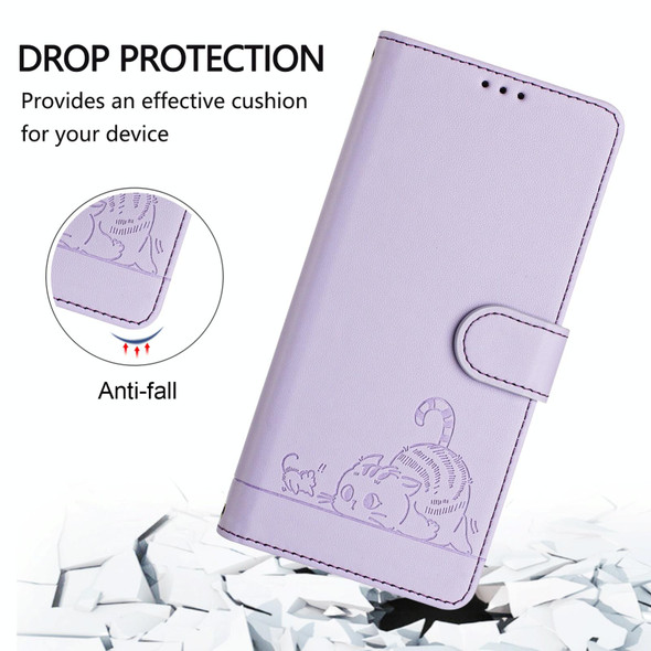 For Xiaomi Redmi Note 11S 5G Cat Rat Embossed Pattern RFID Leather Phone Case with Lanyard(Purple)