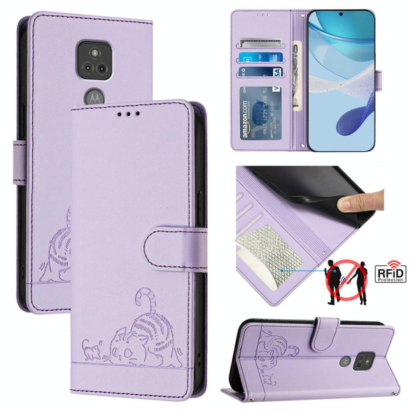 For Motorola Moto G Play 2021 Cat Rat Embossed Pattern RFID Leather Phone Case with Lanyard(Purple)