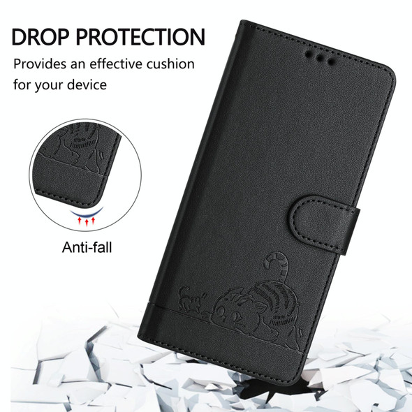 For Motorola Edge 40 Pro 5G Cat Rat Embossed Pattern RFID Leather Phone Case with Lanyard(Black)