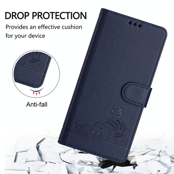 For Motorola Edge 30 Neo Cat Rat Embossed Pattern RFID Leather Phone Case with Lanyard(Blue)