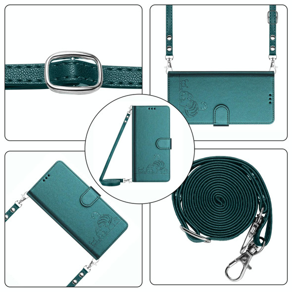 For Motorola Edge 2022 Cat Rat Embossed Pattern RFID Leather Phone Case with Lanyard(Peacock Green)