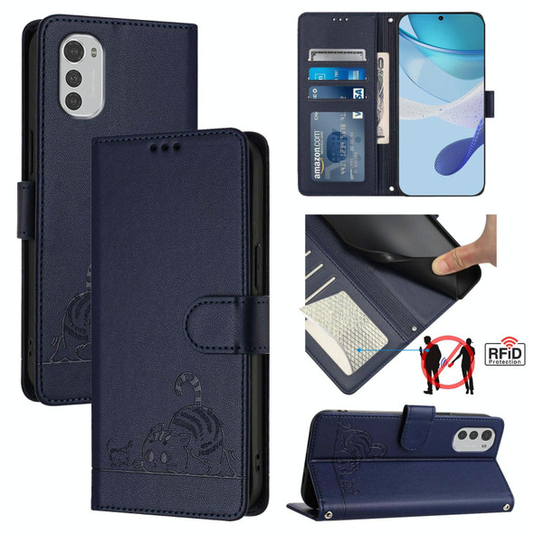 For Motorola Moto E32 4G Global Cat Rat Embossed Pattern RFID Leather Phone Case with Lanyard(Blue)