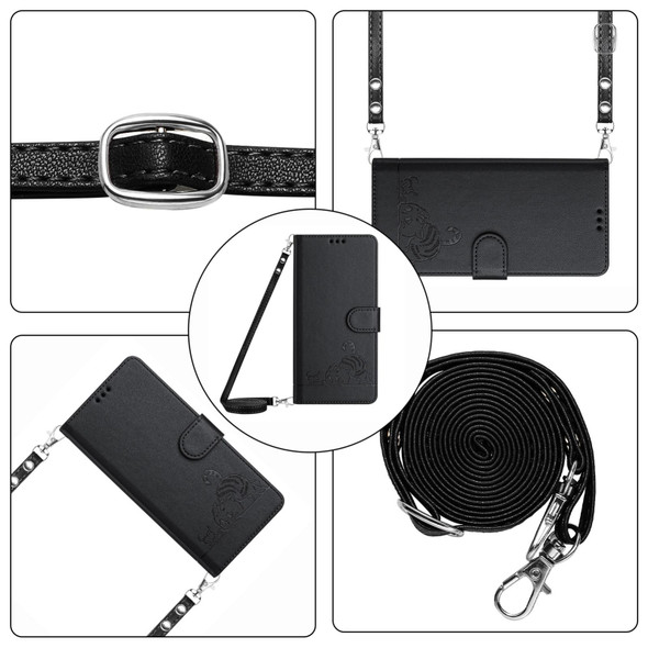 For Motorola Moto E32 4G Global Cat Rat Embossed Pattern RFID Leather Phone Case with Lanyard(Black)