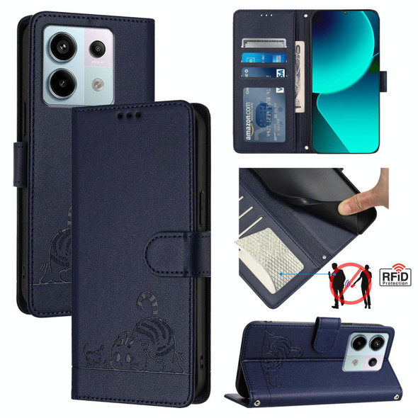 For Xiaomi POCO X6 5G Global Cat Rat Embossed Pattern RFID Leather Phone Case with Lanyard(Blue)