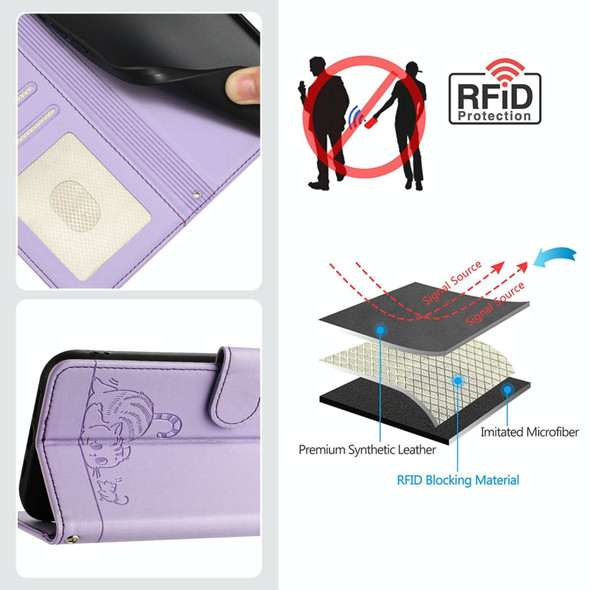 For Motorola Edge 30 Fusion Cat Rat Embossed Pattern RFID Leather Phone Case with Lanyard(Purple)
