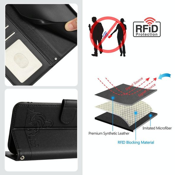 For Motorola Edge 30 Fusion Cat Rat Embossed Pattern RFID Leather Phone Case with Lanyard(Black)