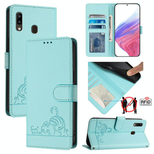 For Samsung Galaxy A20/A30/M10s Cat Rat Embossed Pattern RFID Leather Phone Case with Lanyard(Mint Green)
