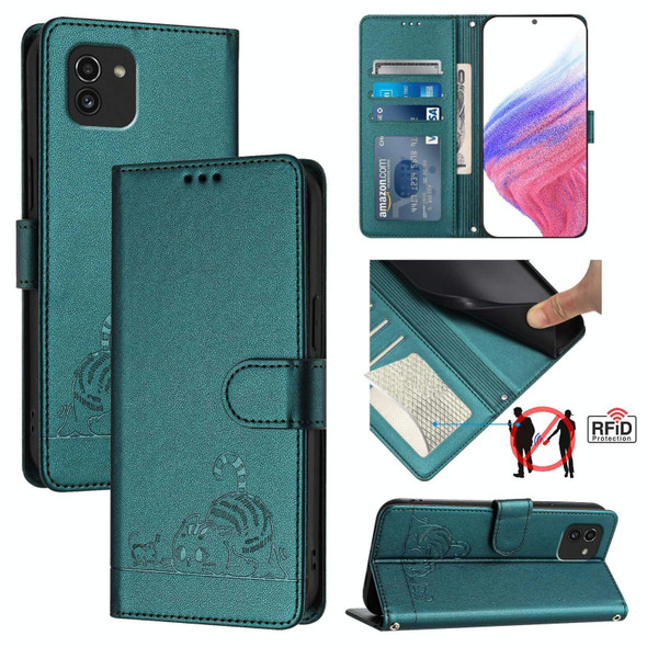 For Samsung Galaxy A03 166mm Cat Rat Embossed Pattern RFID Leather Phone Case with Lanyard(Peacock Green)