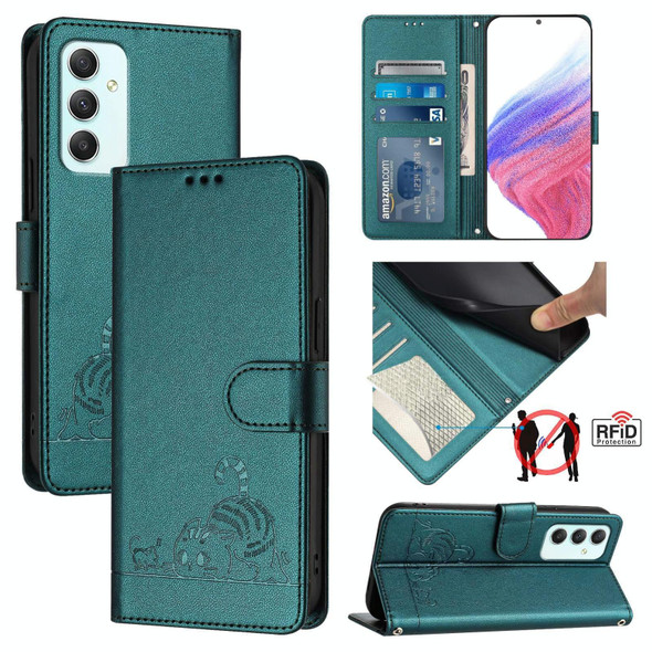 For Samsung Galaxy A35 5G Cat Rat Embossed Pattern RFID Leather Phone Case with Lanyard(Peacock Green)