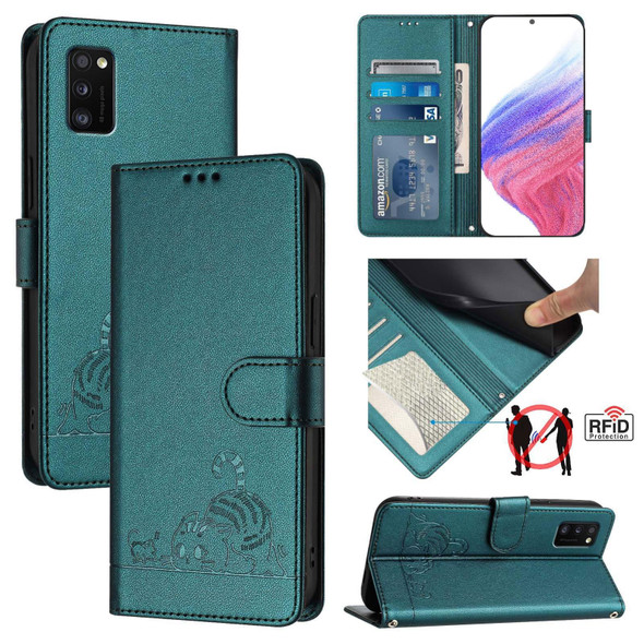 For Samsung Galaxy A41 EU Version Cat Rat Embossed Pattern RFID Leather Phone Case with Lanyard(Peacock Green)