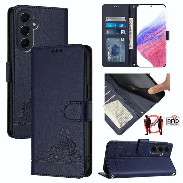 For Samsung Galaxy A55 5G Cat Rat Embossed Pattern RFID Leather Phone Case with Lanyard(Blue)