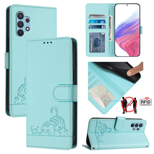 For Samsung Galaxy A32 4G Cat Rat Embossed Pattern RFID Leather Phone Case with Lanyard(Mint Green)