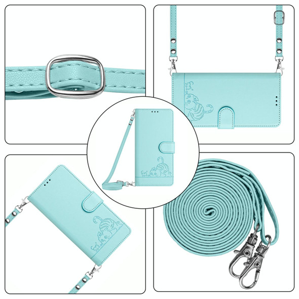 For Honor 70 5G Cat Rat Embossed Pattern RFID Leather Phone Case with Lanyard(Mint Green)