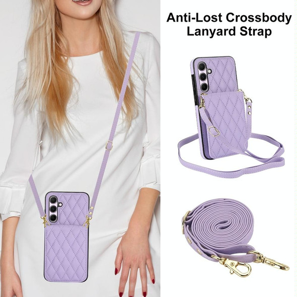 For Samsung Galaxy A55 5G YM015 Crossbody Rhombic Card Bag RFID Phone Case(Light Purple)