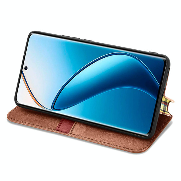 For  Realme 12+ Cubic Grid Pressed Magnetic Leather Phone Case(Brown)