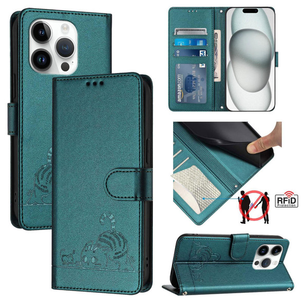 For iPhone 15 Pro Cat Rat Embossed Pattern RFID Leather Phone Case with Lanyard(Peacock Green)