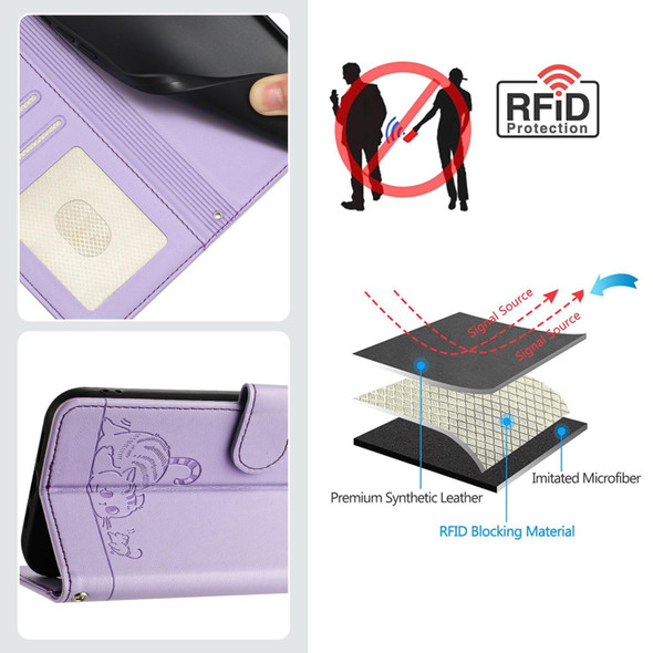 For Xiaomi Redmi Note 13 5G Global Cat Rat Embossed Pattern RFID Leather Phone Case with Lanyard(Purple)