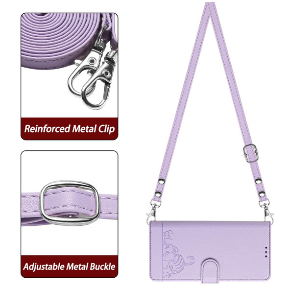 For Samsung Galaxy S22 5G Cat Rat Embossed Pattern RFID Leather Phone Case with Lanyard(Purple)