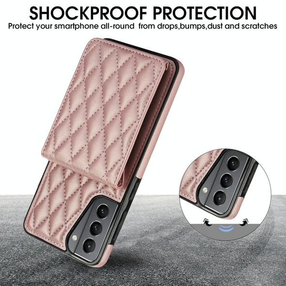 For Samsung Galaxy S21 5G YM015 Crossbody Rhombic Card Bag RFID Phone Case(Rose Gold)