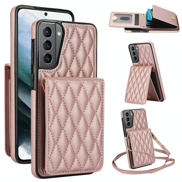 For Samsung Galaxy S21 5G YM015 Crossbody Rhombic Card Bag RFID Phone Case(Rose Gold)