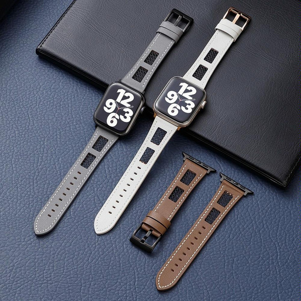 For Apple Watch Series 7 45mm Mesh Calfskin Genuine Leather Watch Band(Dark Brown)