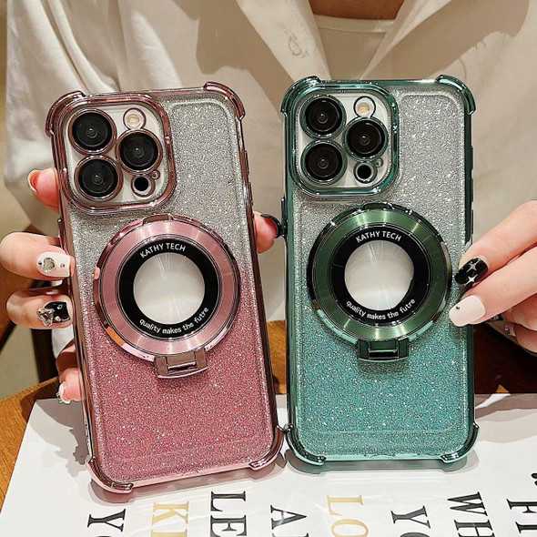 For iPhone  12 Pro Invisible Holder Gradient Glitter Magsafe Phone Case(Pine Green)