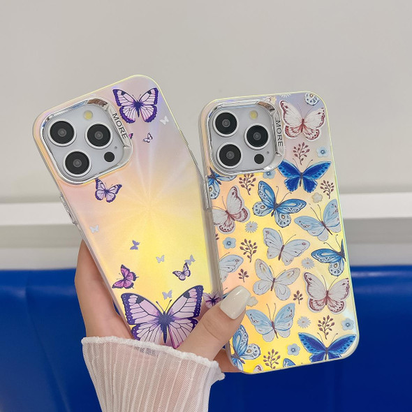 For iPhone 15 Electroplating Laser Butterfly Phone Case(White Purple Butterflies AB6)