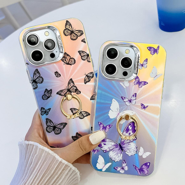 For iPhone 13 Pro Max Electroplating Laser Butterfly Ring Holder Phone Case(Blue Butterflies AB4)