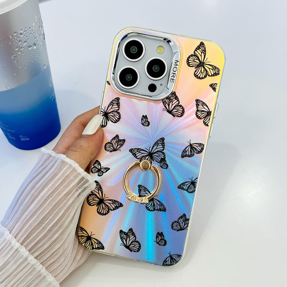 For iPhone 14 Pro Max Electroplating Laser Butterfly Ring Holder Phone Case(Blue Butterflies AB4)