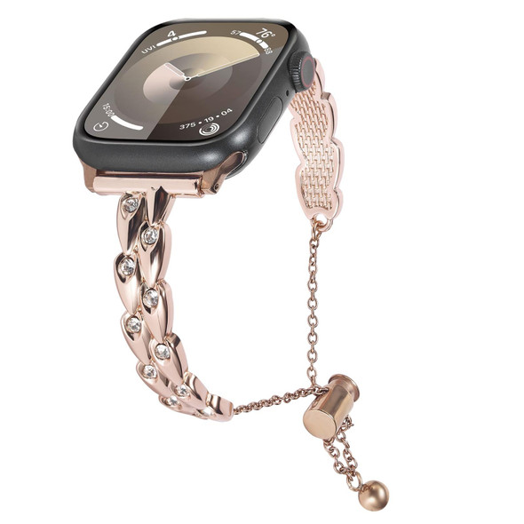 For Apple Watch Series 9 45mm Rhinestone Peacock Metal Bracelet Watch Band(Rose Gold)