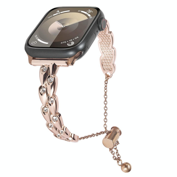 For Apple Watch Series 8 45mm Rhinestone Peacock Metal Bracelet Watch Band(Rose Gold)