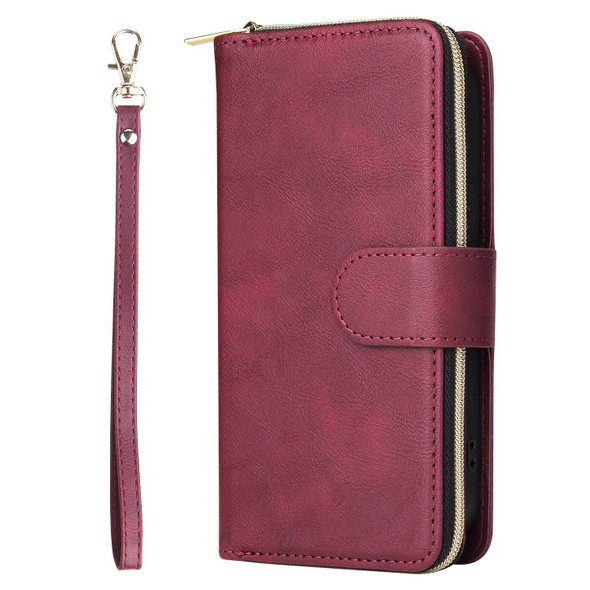 9 Card Slots Zipper Wallet Bag Leatherette Phone Case - iPhone 13(Wine Red)