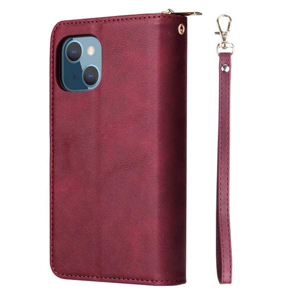 9 Card Slots Zipper Wallet Bag Leatherette Phone Case - iPhone 13(Wine Red)