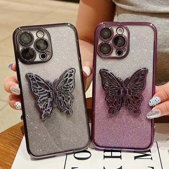 For iPhone 15 Plus Electroplated Gradient Glitter 3D Butterfly TPU Phone Case(Gradient Black)