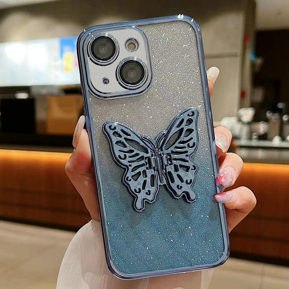 For iPhone 15 Plus Electroplated Gradient Glitter 3D Butterfly TPU Phone Case(Gradient Blue)