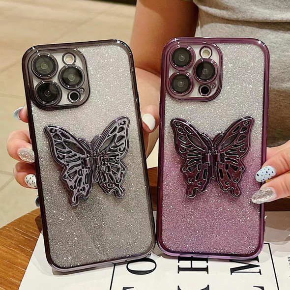 For iPhone 15 Plus Electroplated Gradient Glitter 3D Butterfly TPU Phone Case(Gradient Blue)
