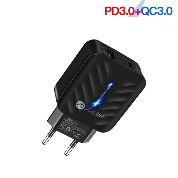 PD03 20W Type-C + QC3.0 USB Charger with Indicator Light, EU Plug(Black)